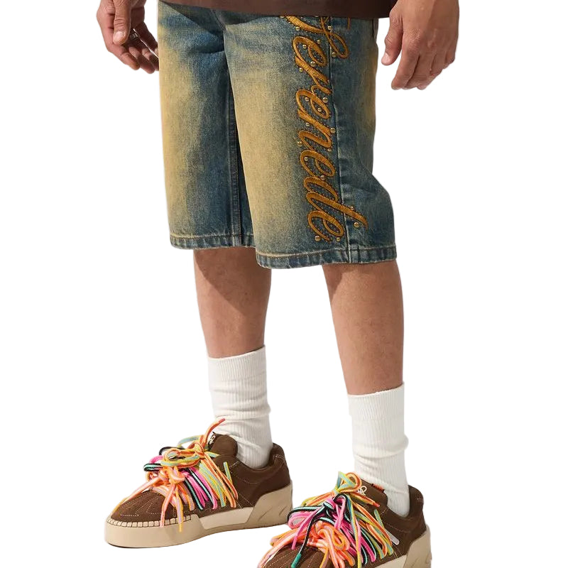 SERENEDE Side Script Denim Shorts Dark Blue