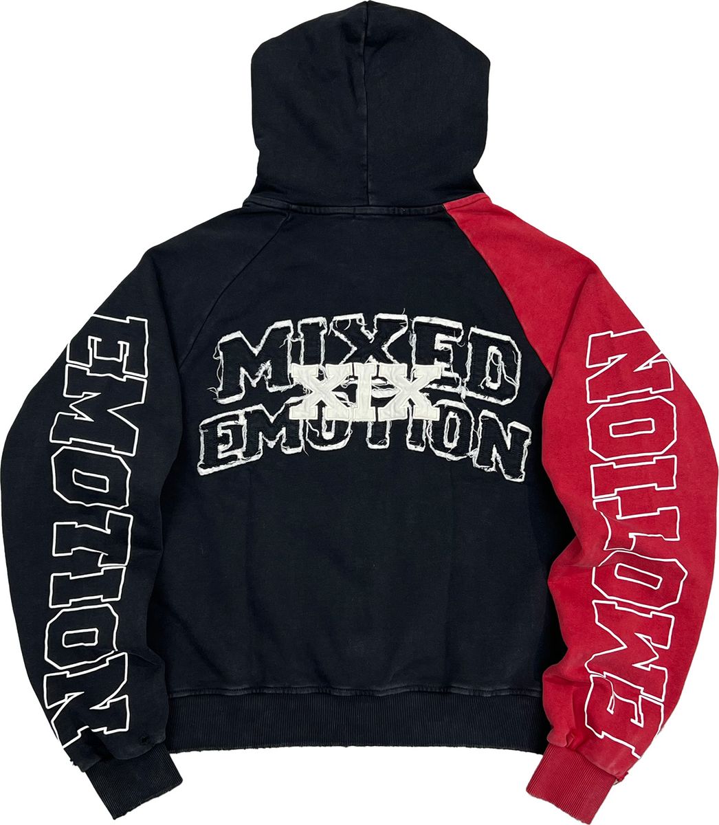 Mixed Emotion Split Decision Zip Up Hoodie Red Black