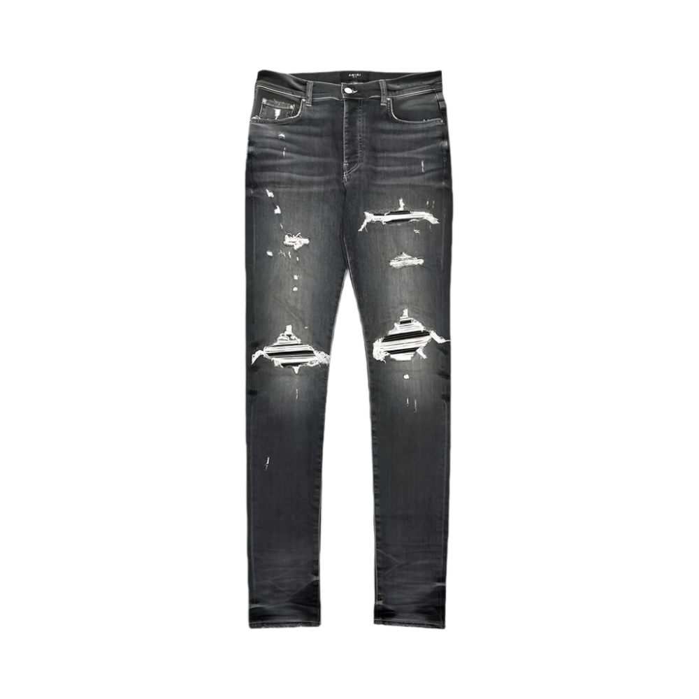 AMIRI MX1 Black Leather Patch Storm Grey Jeans