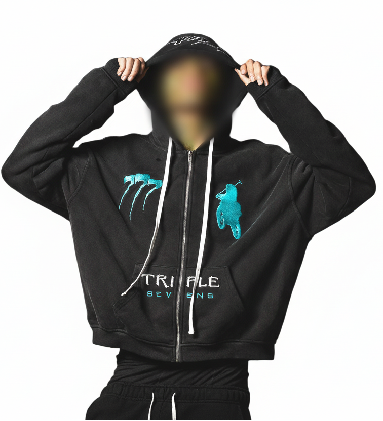 Triple Sevens Turquoise Moto Zip Up Hoodie Black