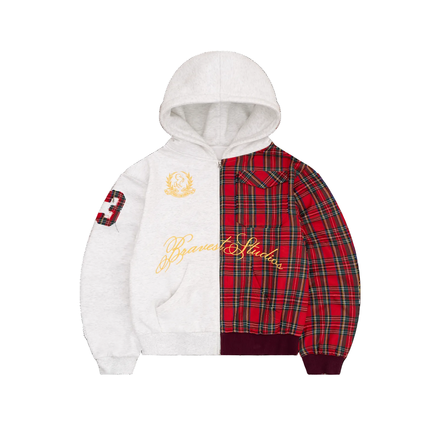 Bravest Studios Half Plaid Zip Up Hoodie White