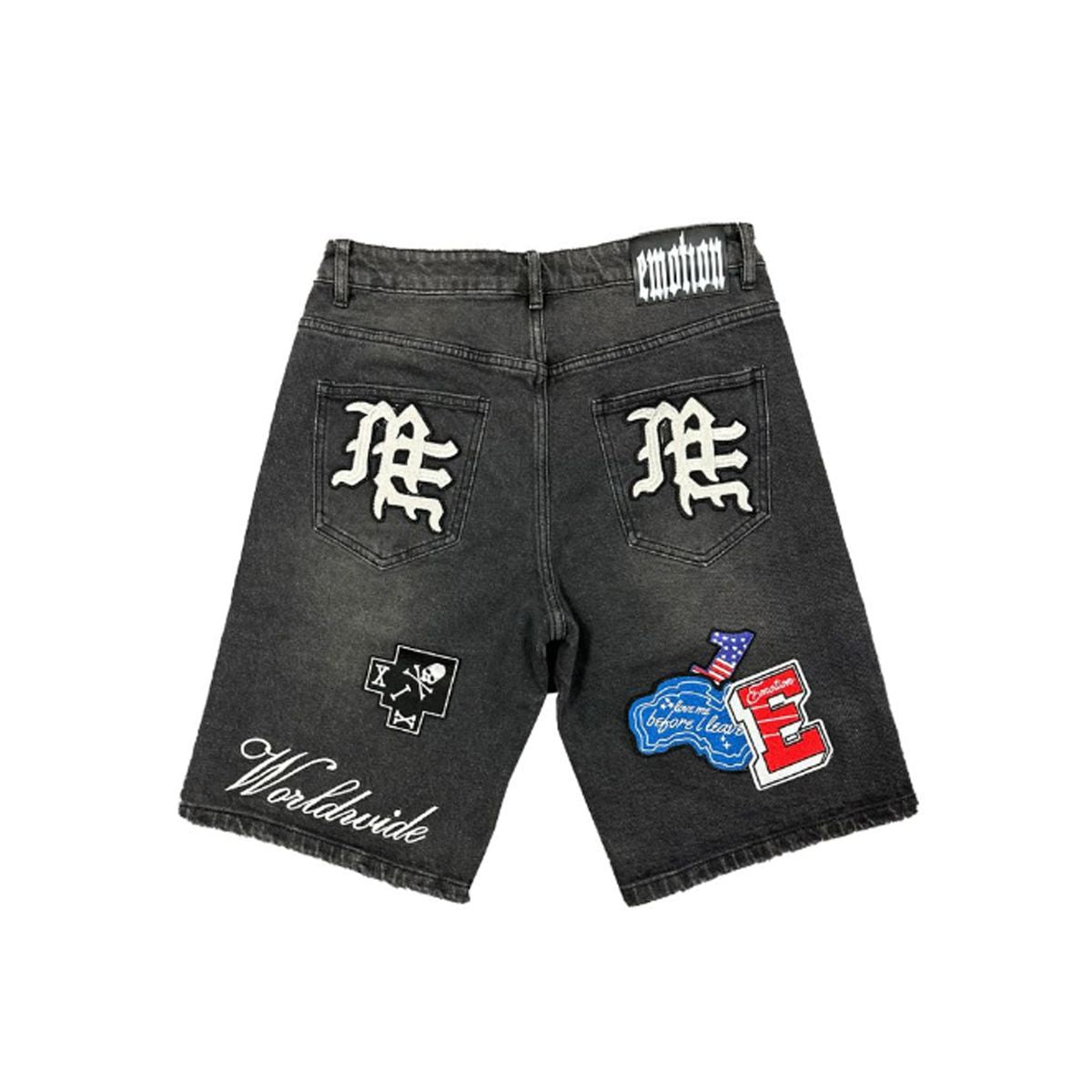 Mixed Emotion Patch Denim Shorts Washed Black