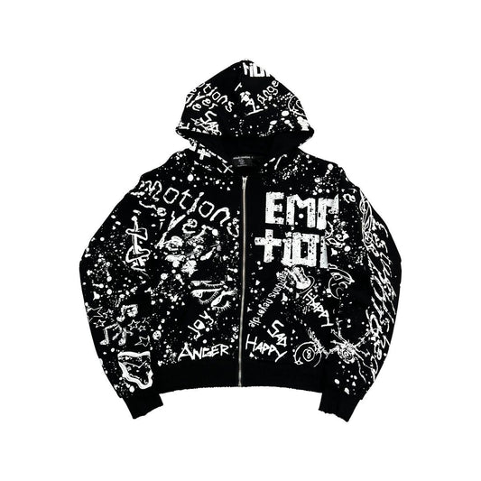 Mixed Emotion Graffiti Zip Up Hoodie Black