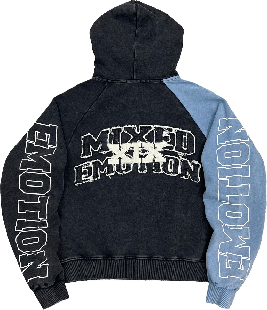 Mixed Emotion Split Decision Zip Up Hoodie Blue Black