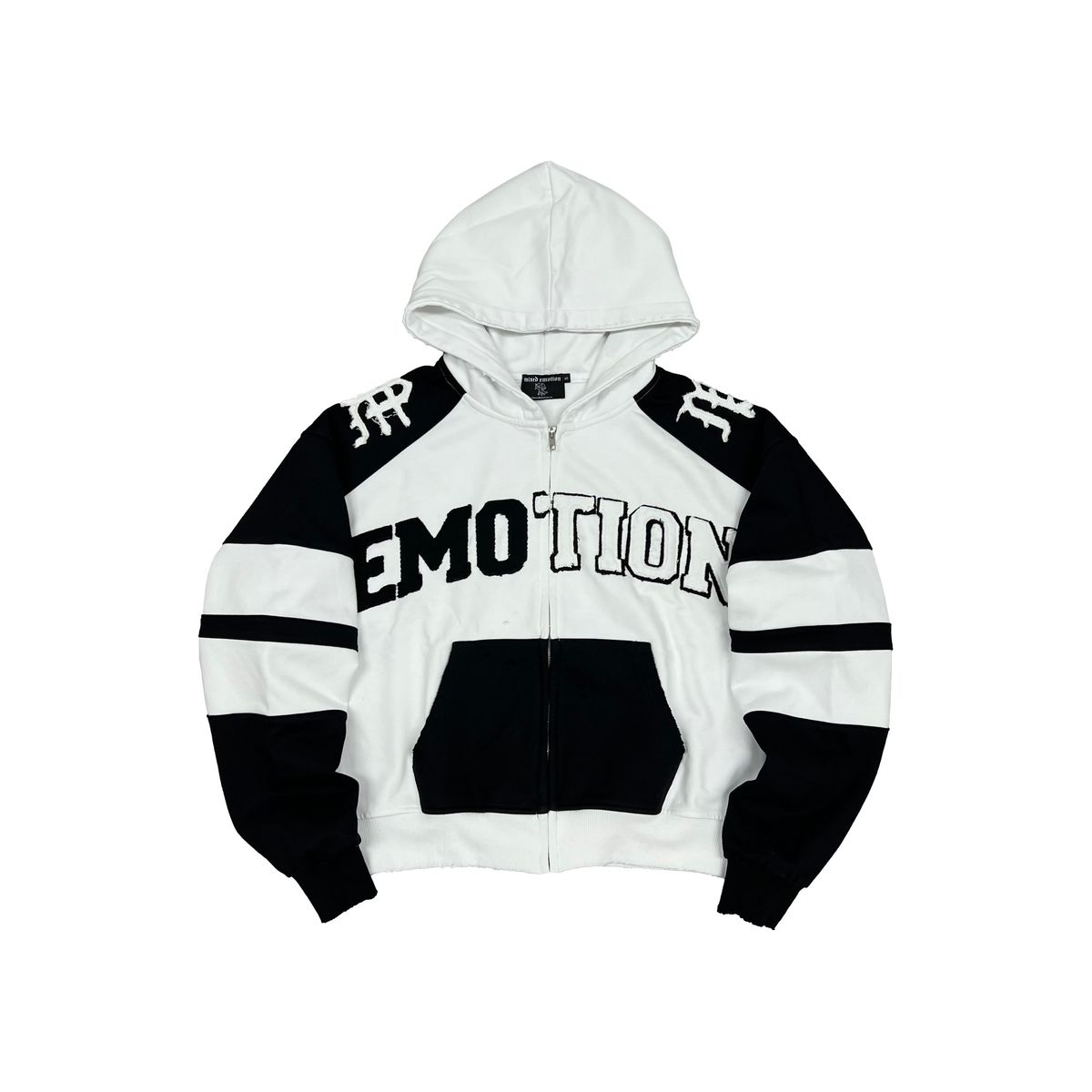 Mixed Emotion Varsity Zip Up Hoodie Black White