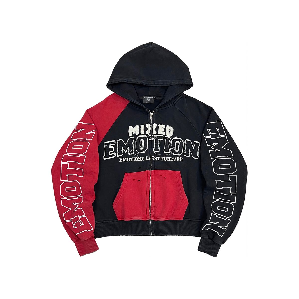 Mixed Emotion Split Decision Zip Up Hoodie Red Black