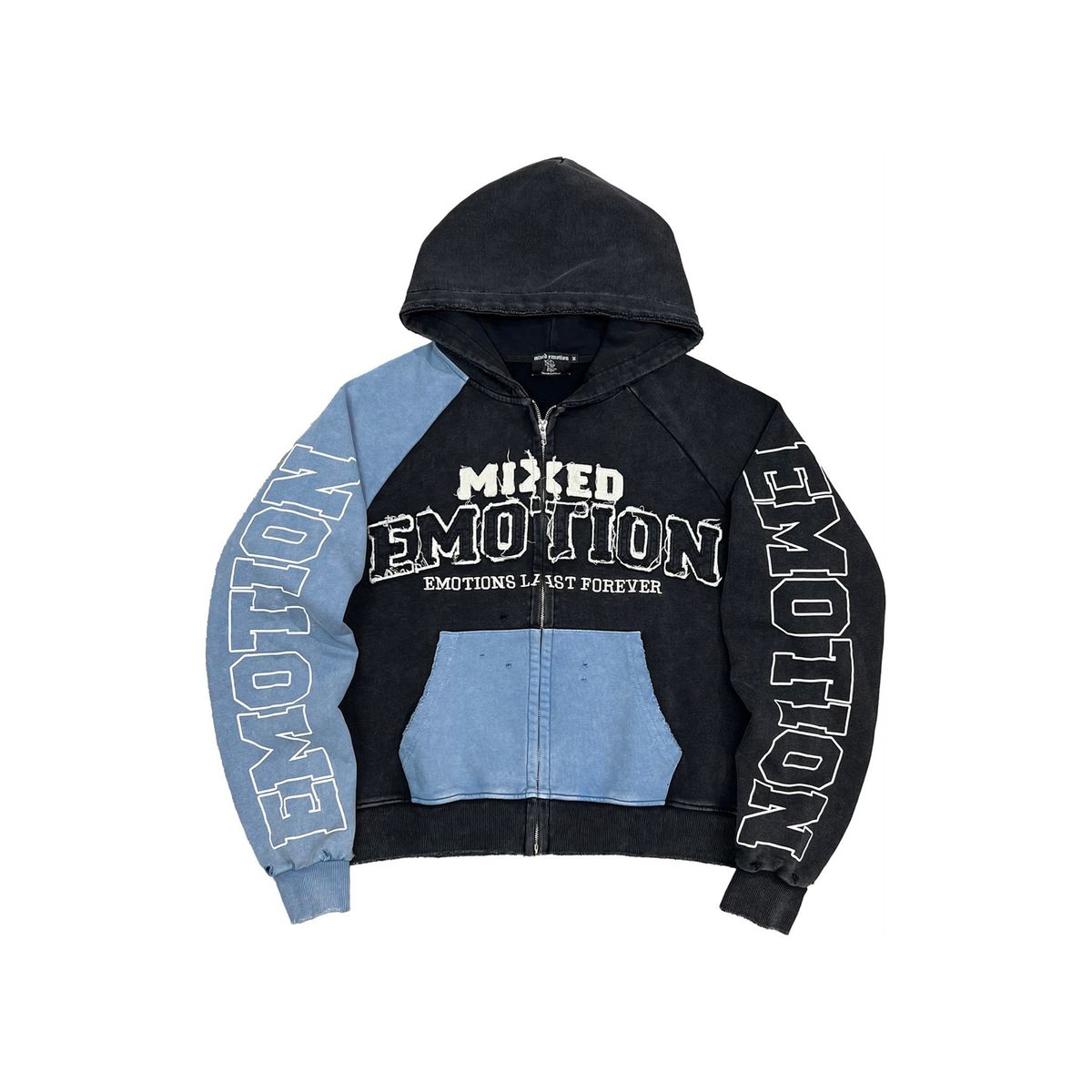 Mixed Emotion Split Decision Zip Up Hoodie Blue Black