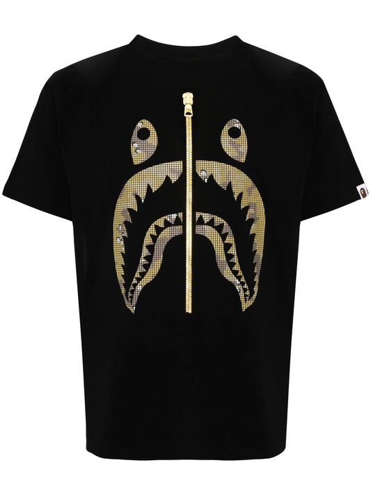 BAPE Gold Camo Bitmap Shark Tee Black