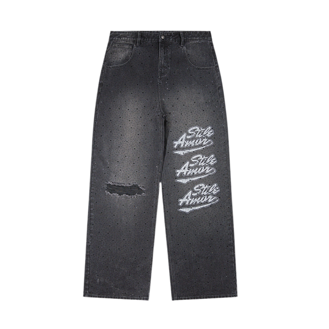 Stile Amor Rhinestone Baggy Jeans Black