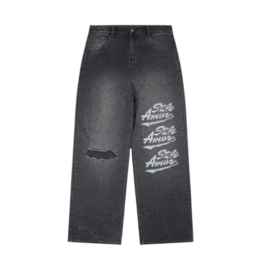 Stile Amor Rhinestone Baggy Jeans Black