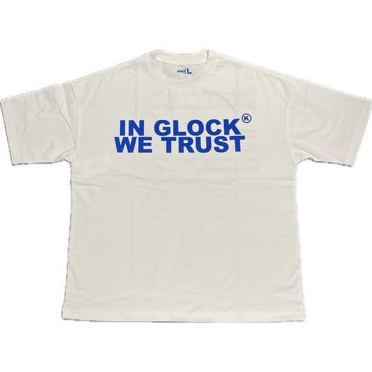 In Glock We Trust Tee Blue Letters White