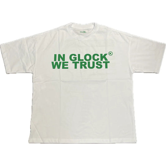 In Glock We Trust Tee Green Letters White