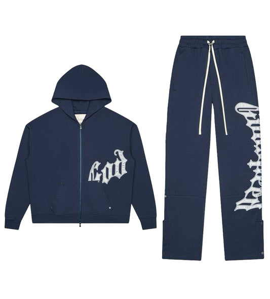 Godspeed OG Logo Sweatsuit V2 Silver Satin Navy Blue