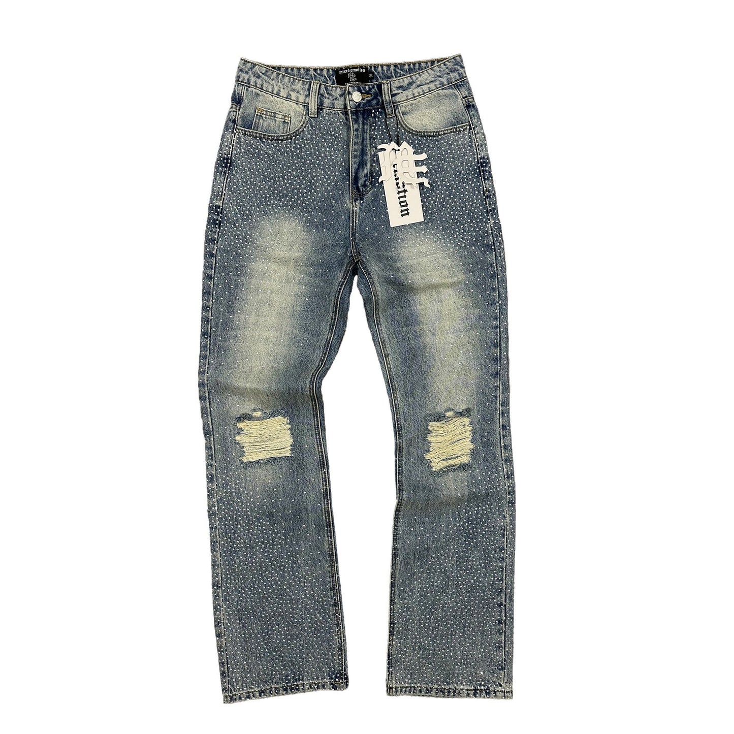 Mixed Emotion Rhinestone Baggy Jeans Blue