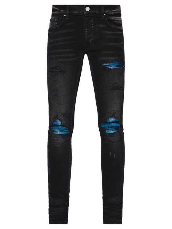 AMIRI MX1 Cracked Paint Blue Patch Black Jeans