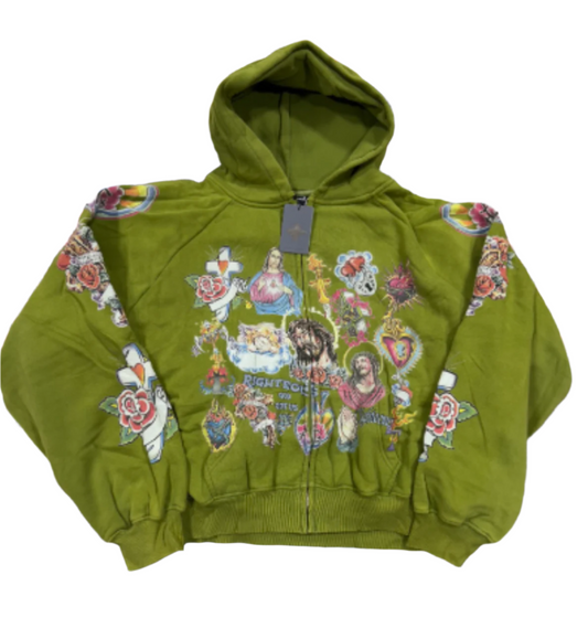 Righteous Risen King Cropped Zip Up Hoodie Moss Olive